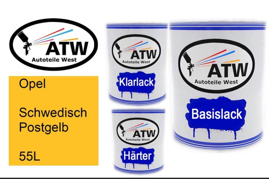 Opel, Schwedisch Postgelb, 55L: 1L Lackdose + 1L Klarlack + 500ml Härter - Set, von ATW Autoteile West.